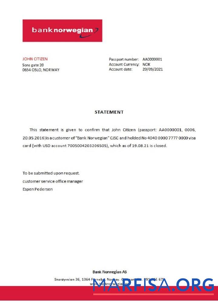 Blank Norway Bank Norwegian closure reference sample